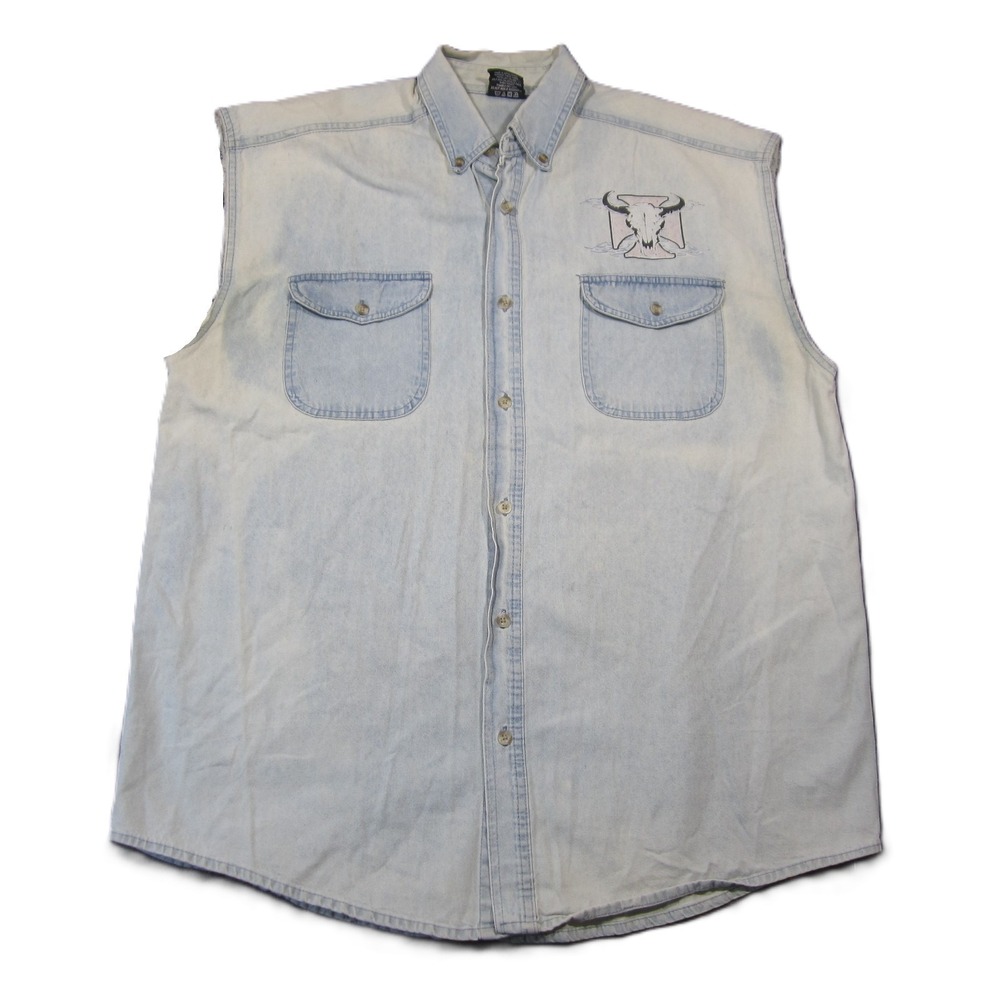 Vtg Denim Trucker Shirt Mens XL Blue Sleeveless Steer Bull Skull Cross Biker 90s